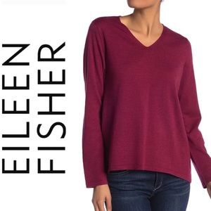 NWOT Eileen Fisher Pomegranate 100% Wool Flowy V Neck Sweater w High Low Hem